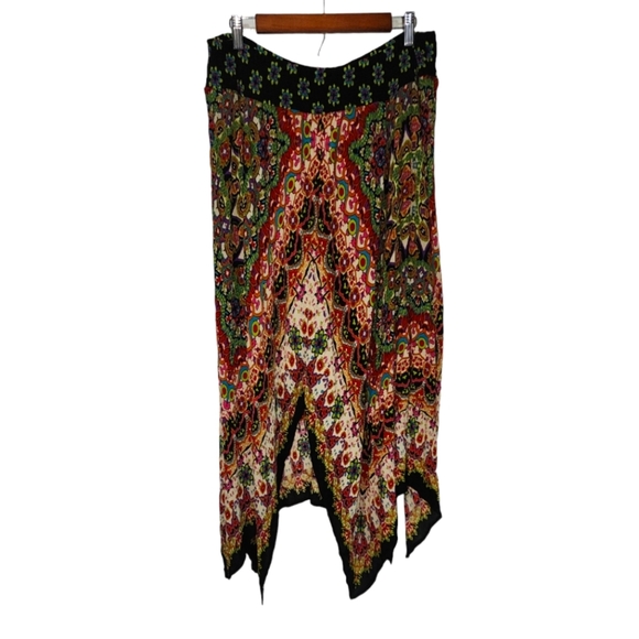 Bohemian multi colored mandala print asymmetrical midi broom skirt - Picture 2 of 10